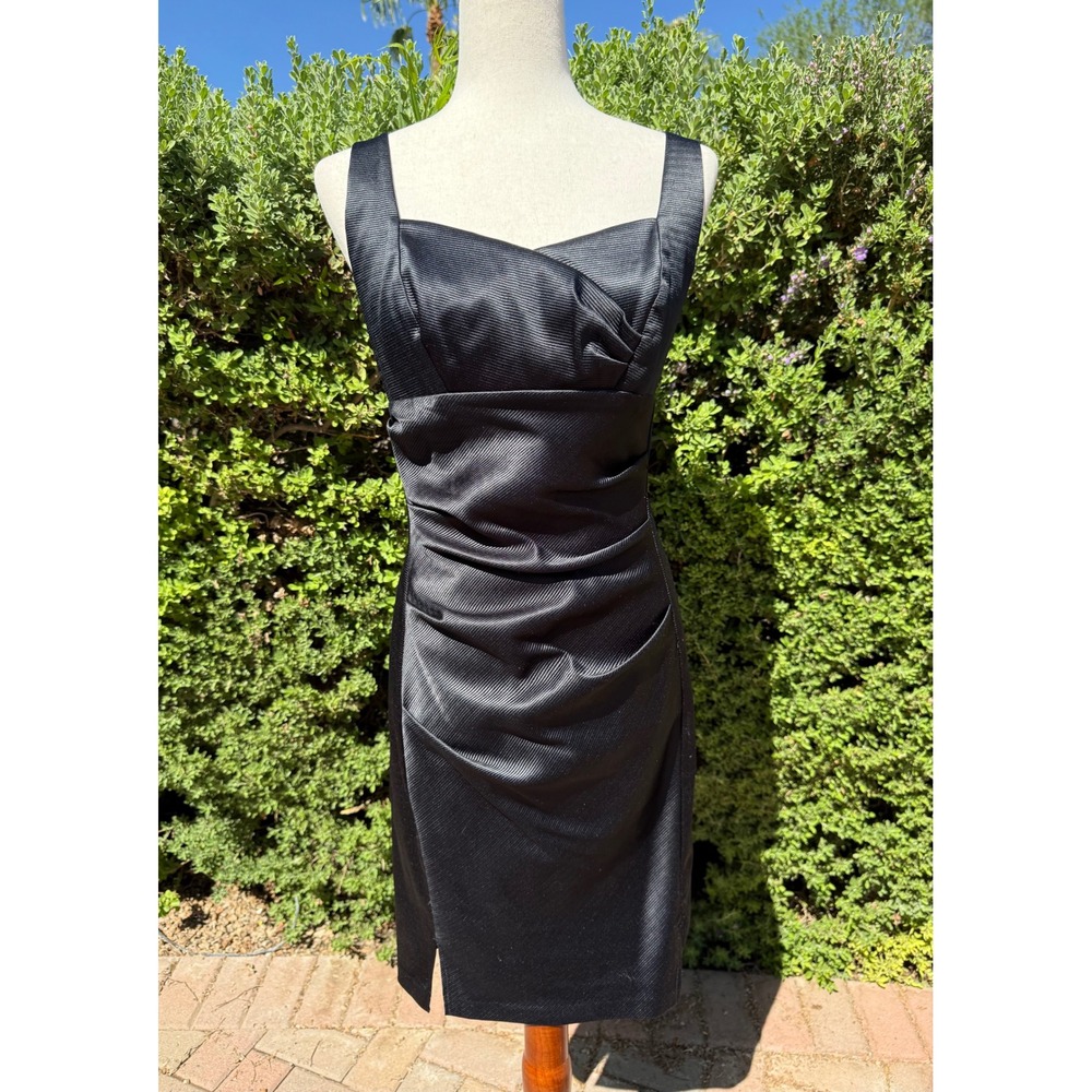 Donna Morgan Black Ribbed Satin Ruched Cocktail Dress Sheath Size 14